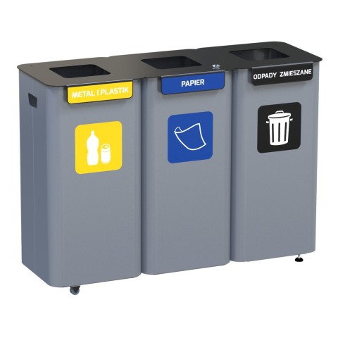 Kosze na śmieci do segregacji na metal, plastik, papier i odpady zmieszane - 3x70 litrów