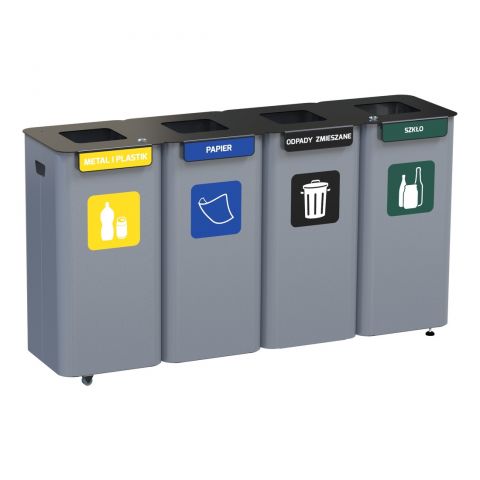 Kosze na śmieci do segregacji na metal, plastik, papier, odpady zmieszane i szkło - 4x70 litrów