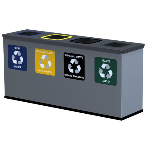 Kosz na śmieci do segregacji na papier, metal i plastik, odpady zmieszane i szkło - 4x12 litrów 
