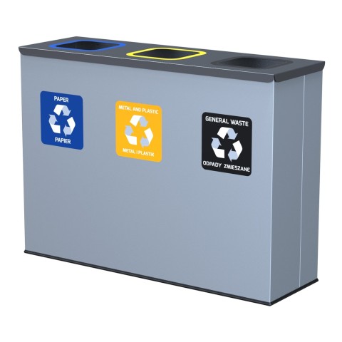 Waste segregation bin - 3x60 litres, for paper, plastic and mixed wastes